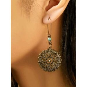 ANTIQUE GOLD FLOWER FILIGREE STYLE BOHO BEAD DANGLE EARRINGS